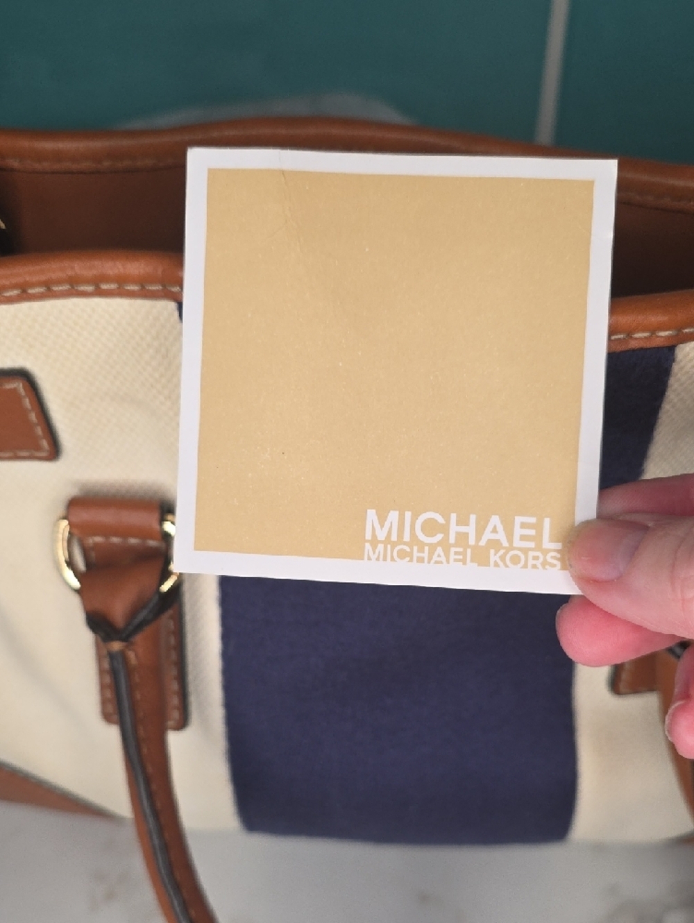 Michael Kors Hamilton MonoNavy and Tan Stripe Canvas Tote with Gold Hardware - Picture 14 of 14